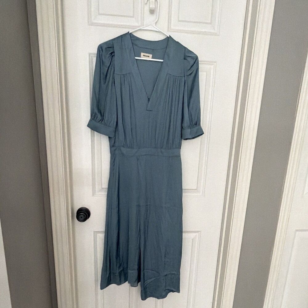 ZADIG & VOLTAIRE Ralia Satin Midi Dress Slate Blue V-Neck Puff Sleeve Small, NWT